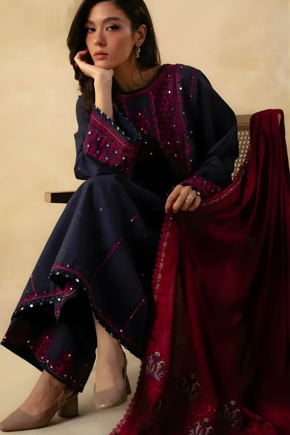 Zara Shah Jahan - 3PC Unstitched Dhanak Sequence Embroidered Shirt with Sequence Embroidered Dupatta and Trouser