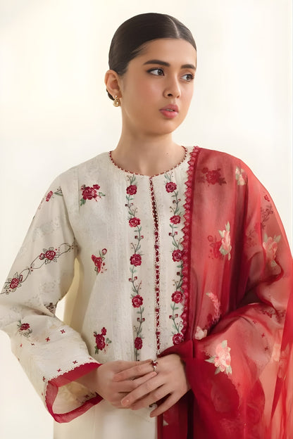 Zara Shah Jahan - 3PC unstiched Lawn Embroidered Shirt With Printed Slub net Dupatta and Plan Trouser