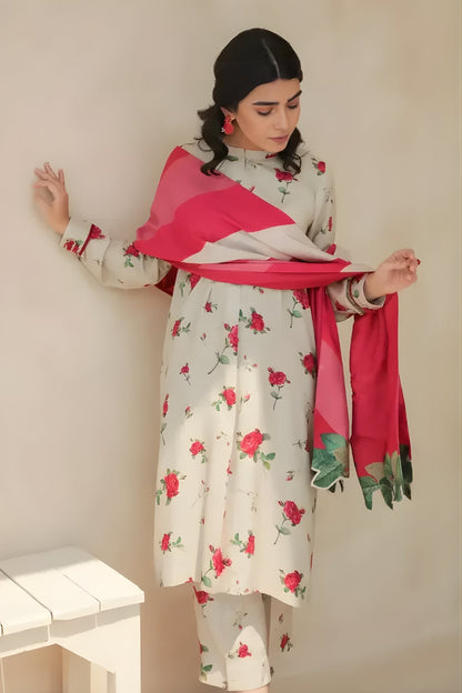 Baroque - 3PC Unstitched Printed Karandi Shirt with Printed Karandi Dupatta and Trouser