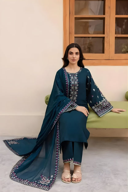 Batik - 3PC Unstitched Dhanak Embroidered Shirt with Dhanak Embroidered Dupatta and Trousers