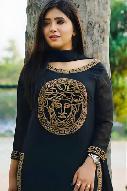 Versace - 3PC Unstitched Shamooz Silk Embroidered Shirt with Bamber Chiffon Dupatta and Plain Trousers