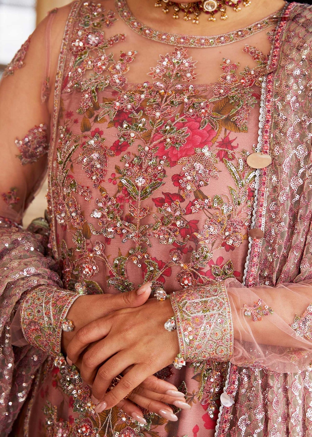 Hussain Rehar Sham Luxury Net Embroidered 3Pc Unstitched Suit Dusty Pink