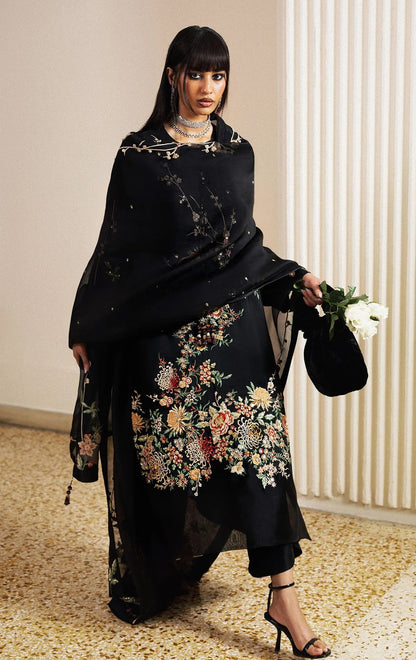 Hussain Rehar Luxury Embroidered Raw Slik Unstitched 3Pc Suit - Sitara Noir