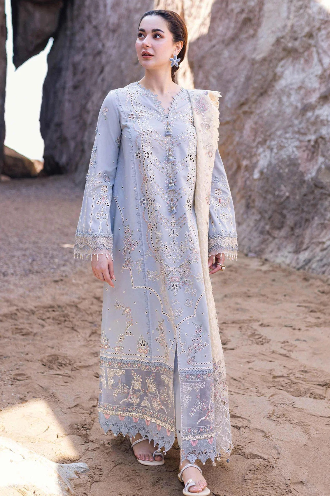 Qalamkar - Saahil Kinaare - Lawn Chikankari Unstitched 3Pcs - Firuze