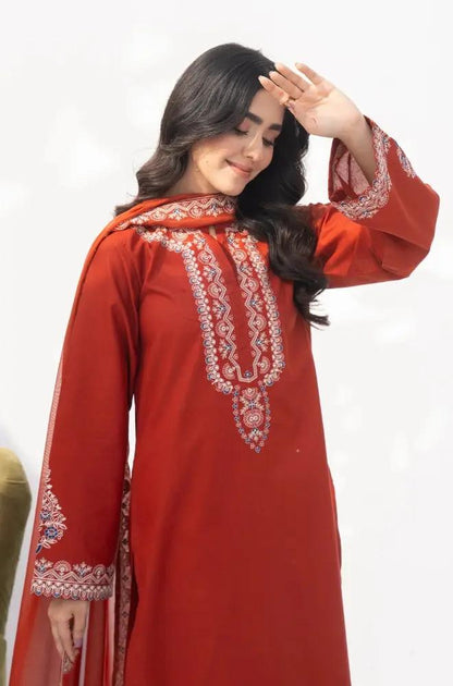 Rozana - 3PC Lawn Embroidered Shirt with Embroidered Chiffon Dupatta (Unstitched)