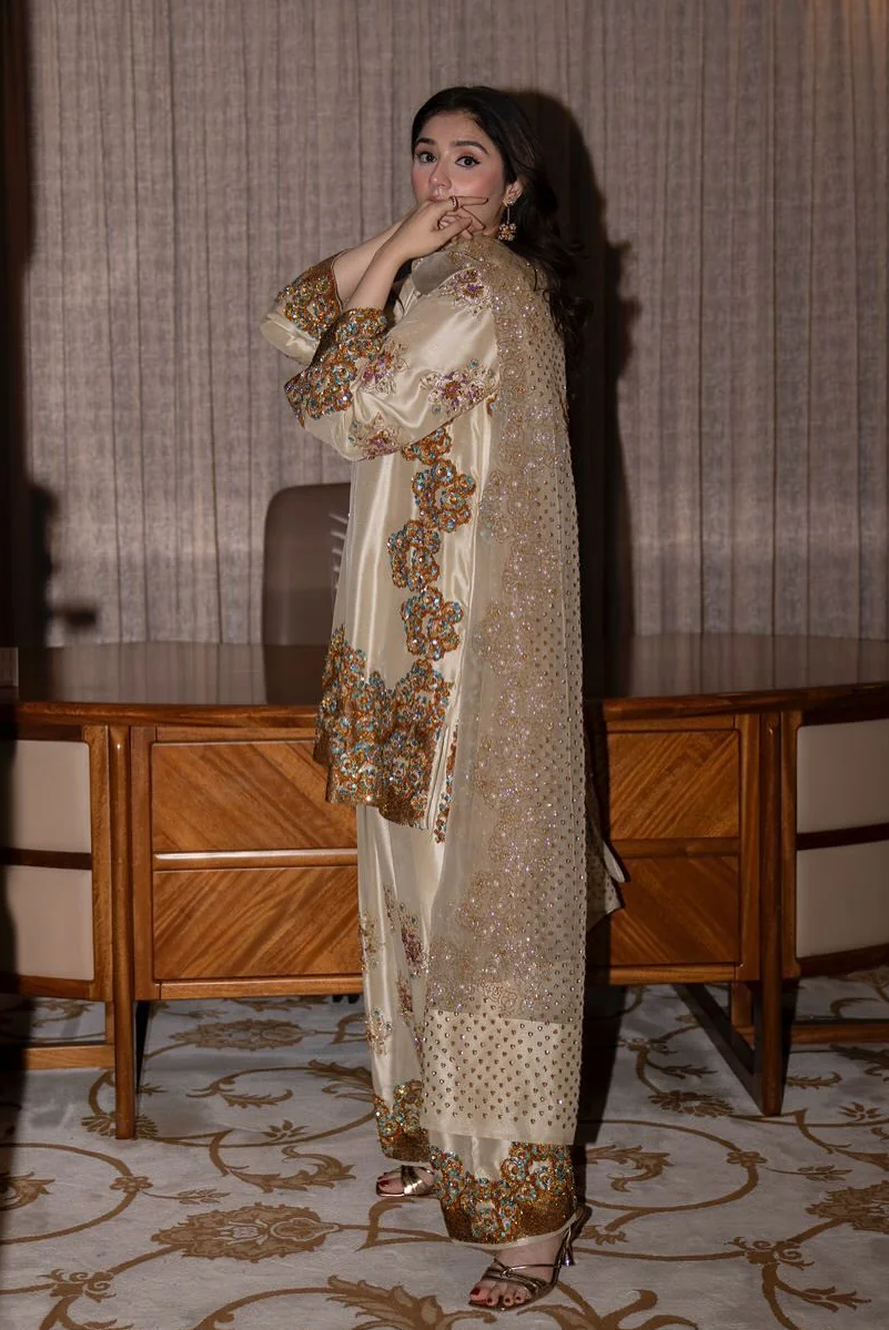 Muse Lambs Crème Embellished Raw Silk Addawork Hand Embellished Wedding Collection - Beige