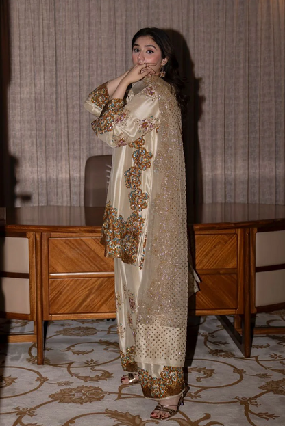 Muse Lambs Crème Embellished Raw Silk Addawork Hand Embellished Wedding Collection - Beige