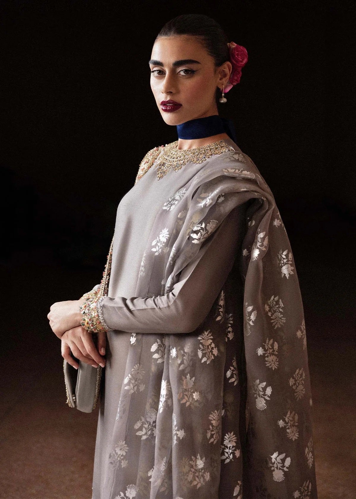 Hussain Rehar Luxury Raw Silk Embroidered 3Pc Unstitched Suit - Mist