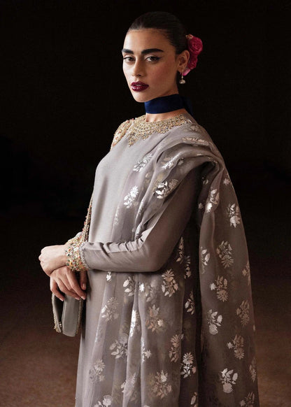 Hussain Rehar Luxury Raw Silk Embroidered 3Pc Unstitched Suit - Mist