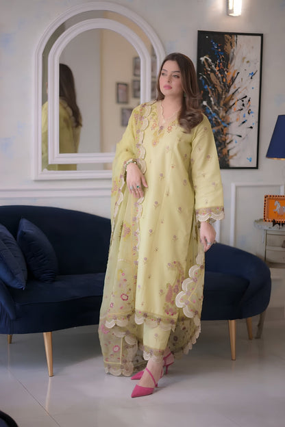 Aneelas - 3PC Unstitched Lawn Embroidered Shirt with Cotton Net Embroidered Dupatta and Trouser