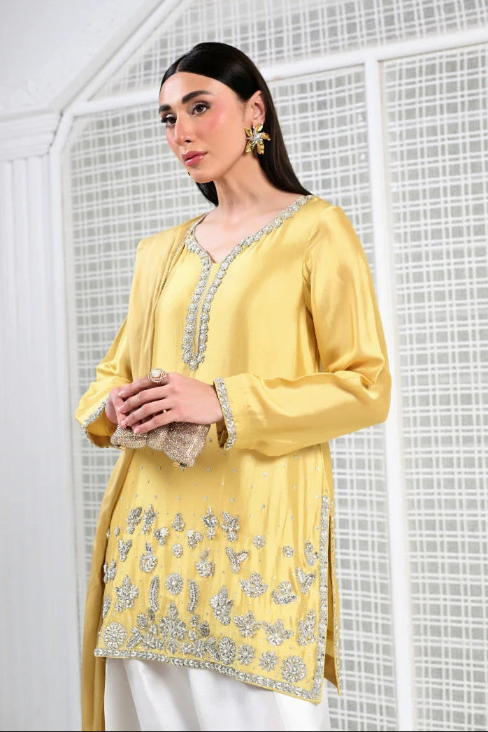 Huma Mistry Luxury Silk Embroidered 3 Pc Unstitched Suit - Butter Radiance