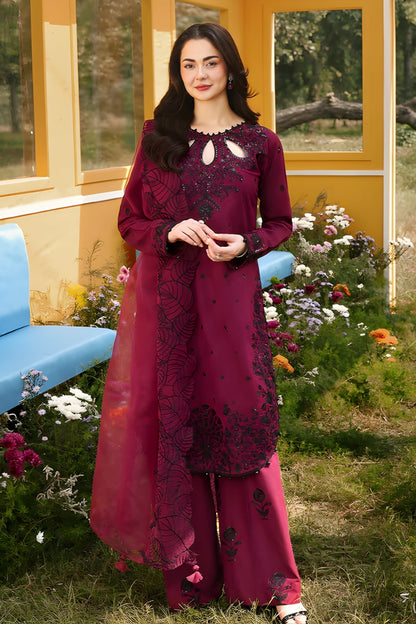 Allys - 3PC Unstitched Lawn Embroidered Shirt with Organza Embroidered Dupatta and Embroidered Trouser