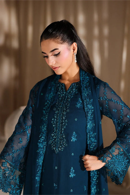 Azure Luxury Chiffon Embroidered 3Pc Unstitched Suit - Majestic Teal