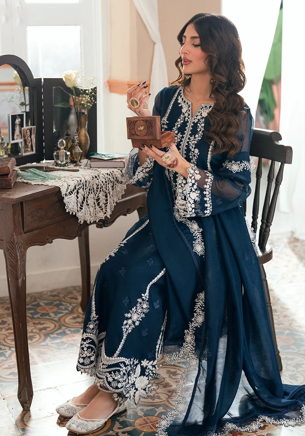 Azure Stellar Blue Luxury Chiffon Embroidered 3Pc Unstitched Suit