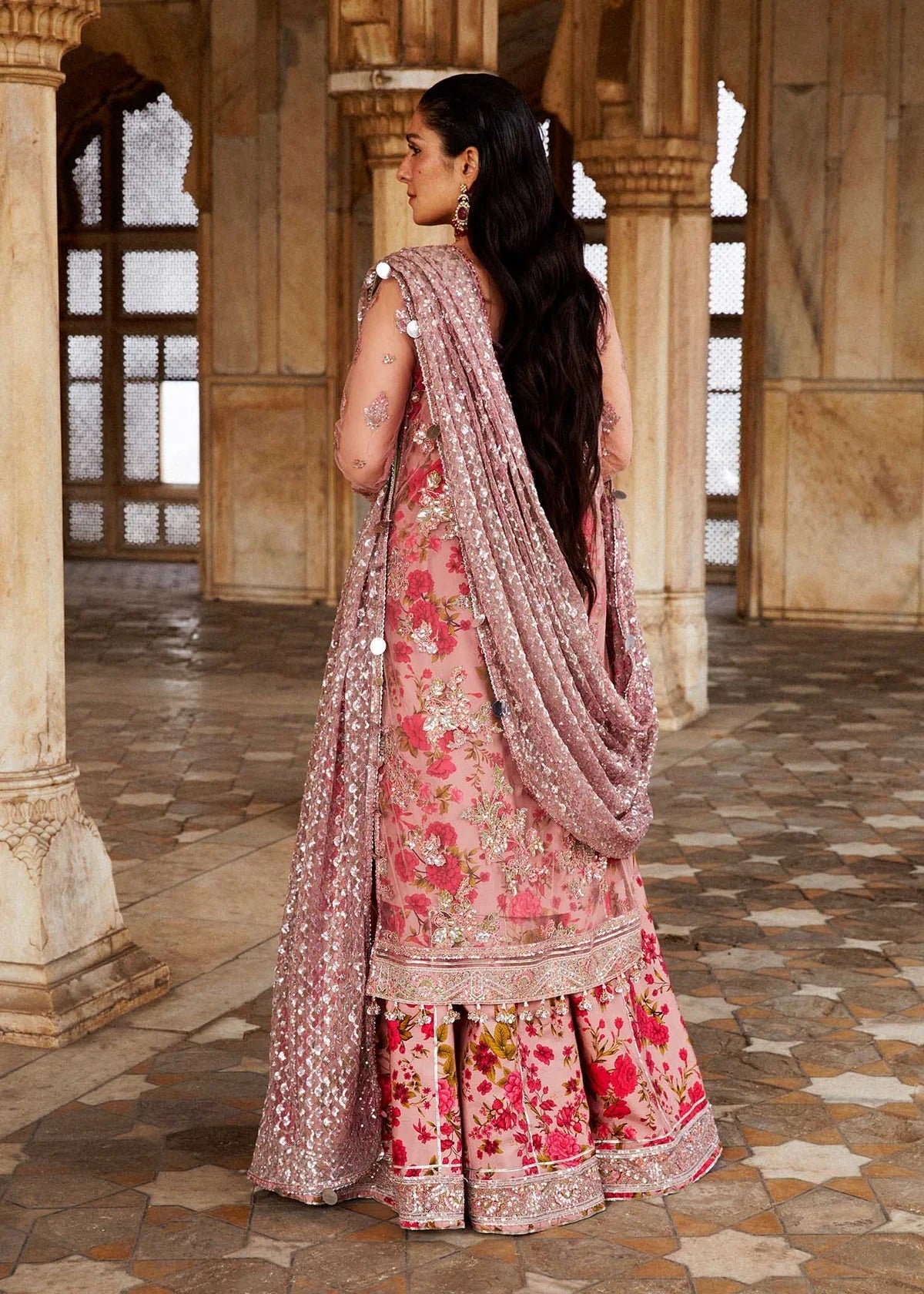 Hussain Rehar Sham Luxury Net Embroidered 3Pc Unstitched Suit Dusty Pink