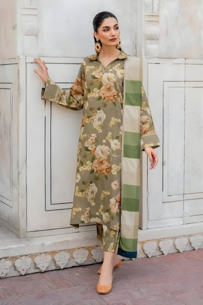Baroque - 3PC Unstitched Printed Karandi Shirt with Printed Karandi Dupatta and Trouser