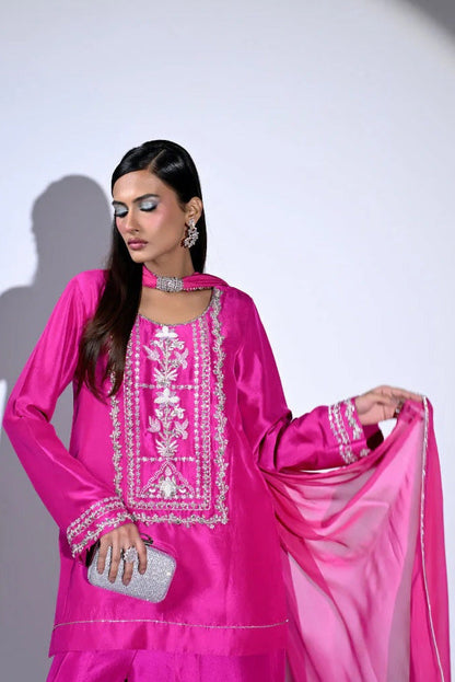 Huma Mistry Luxury Tussle Silk Embroidered Unstitched 3PC Suit - Fuchsia Flame