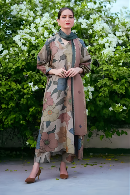 Baroque - 3PC Unstitched Printed Khaddar Shirt with Printed Khaddar Dupatta and Trouser