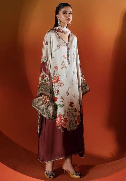Maria.B 03R1 - Beige and Maroon Luxury Silk Embroidered 3Pc Unstitched Kaftan Suit