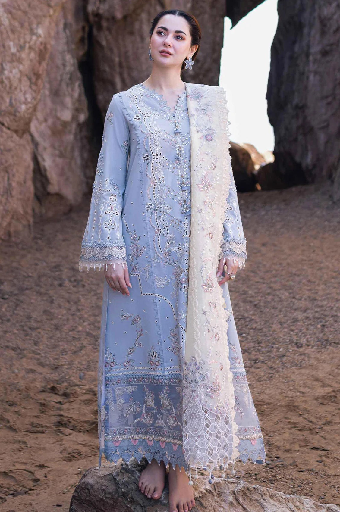 Qalamkar - Saahil Kinaare - Lawn Chikankari Unstitched 3Pcs - Firuze