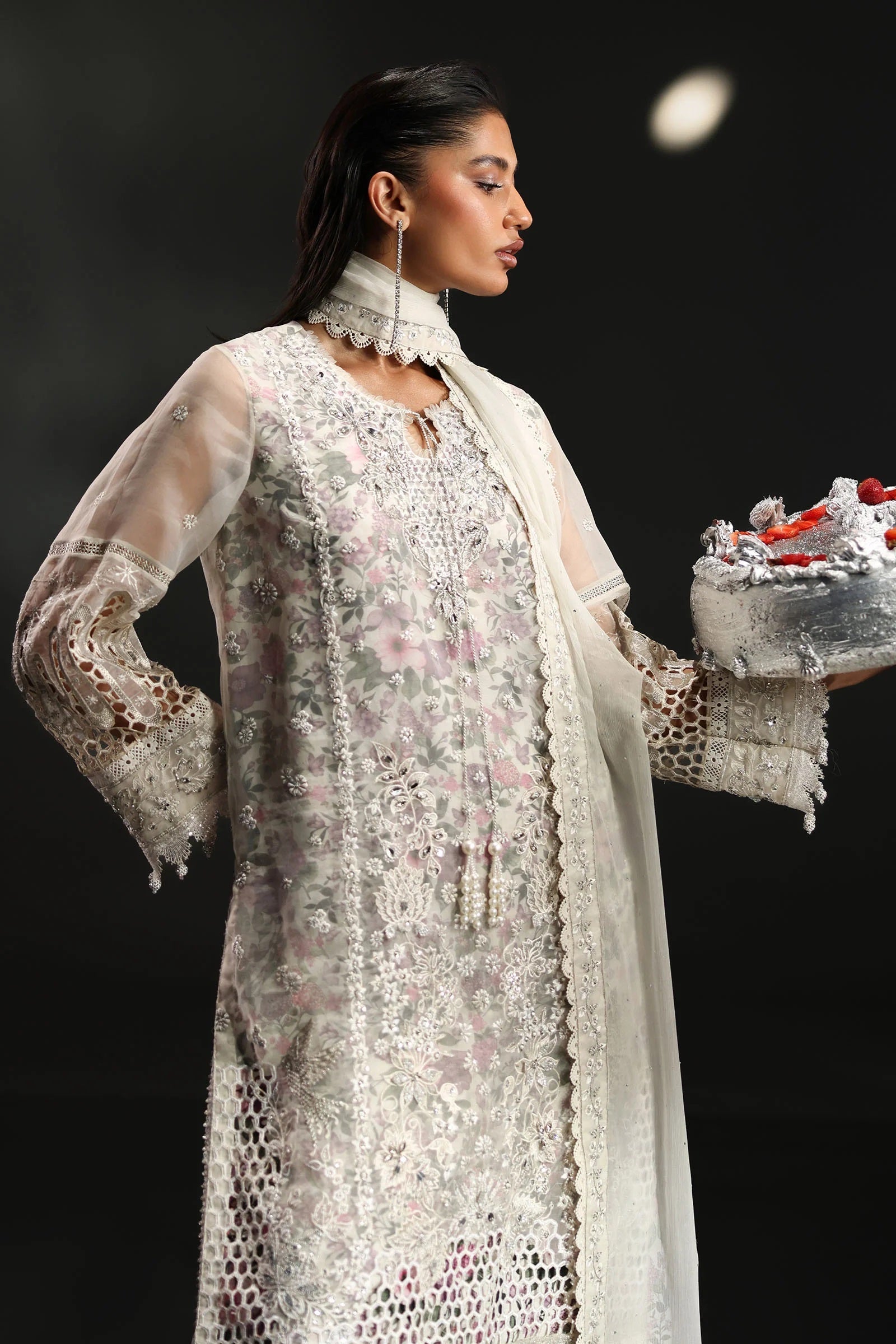 Maria B Luxury Embroidered Organza 3Pc Unstitched Suit Off White