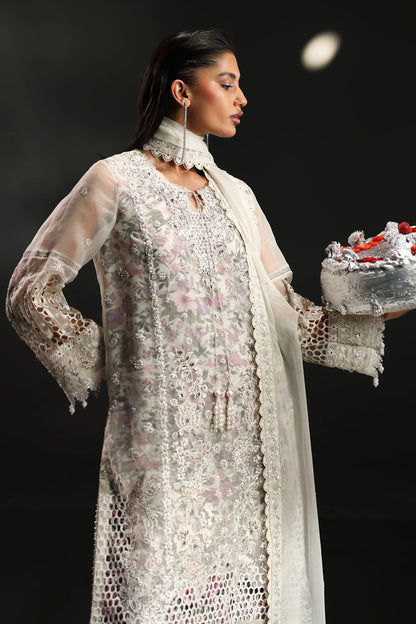 Maria B Luxury Embroidered Organza 3Pc Unstitched Suit Off White