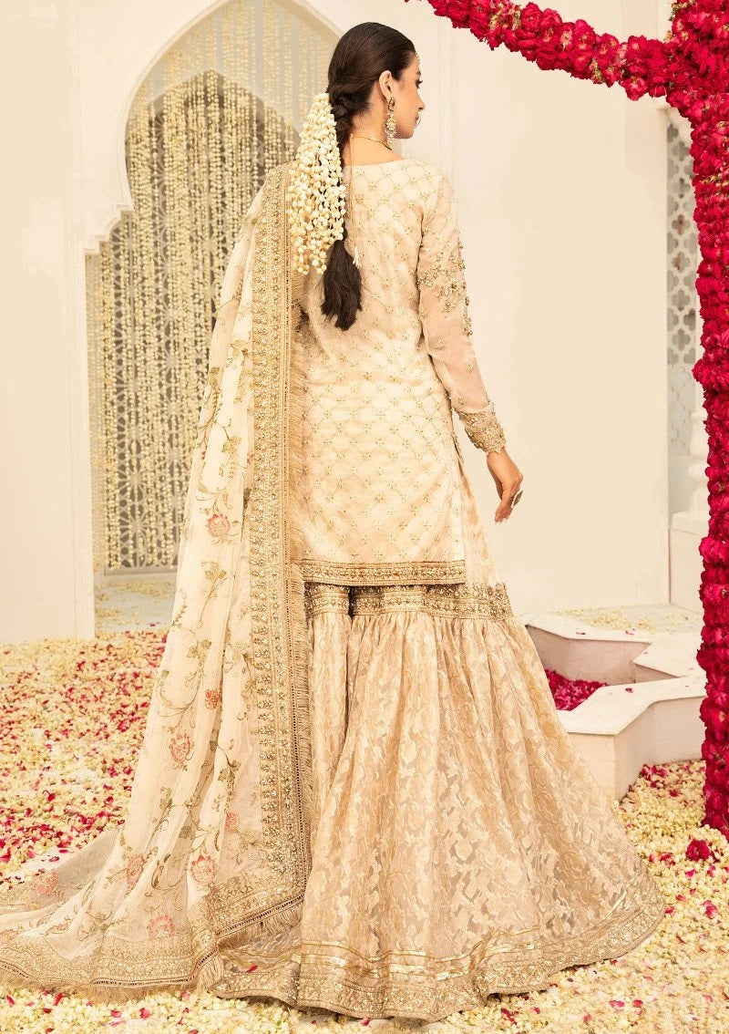 Maria.B Couture Ivory Gold Luxury Chiffon Embroidered 3Pc Unstitched Suit Fully Hand Work