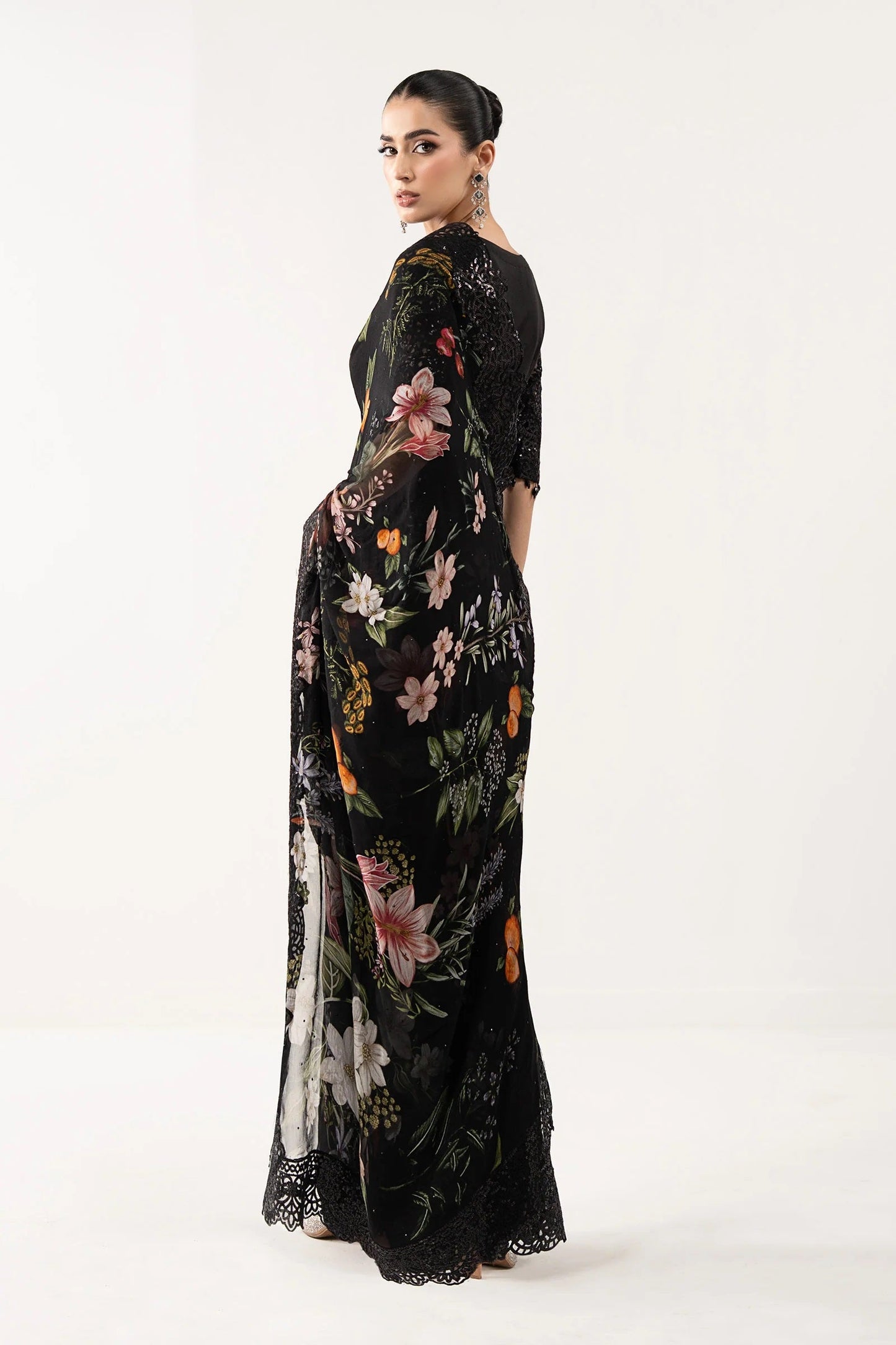 Maria B Luxury Chiffon Embroidered 3Pc Unstitched Suit SF - Black