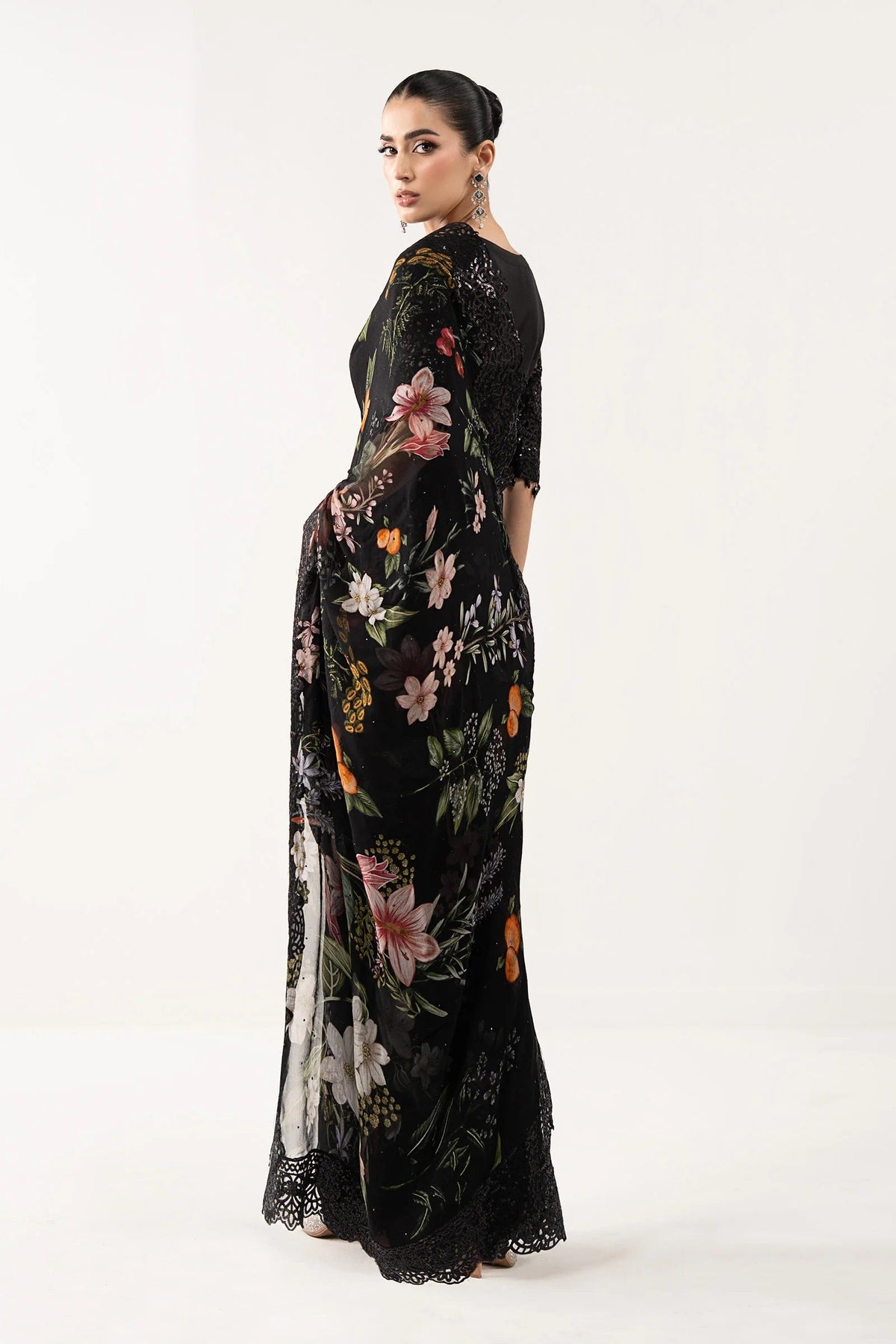 Maria B Luxury Chiffon Embroidered 3Pc Unstitched Suit SF - Black