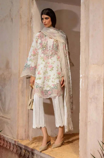 Crimson - 3PC Unstitched Lawn Printed + Embroidered Shirt with Printed Silk Dupatta and Embroidered Trouser