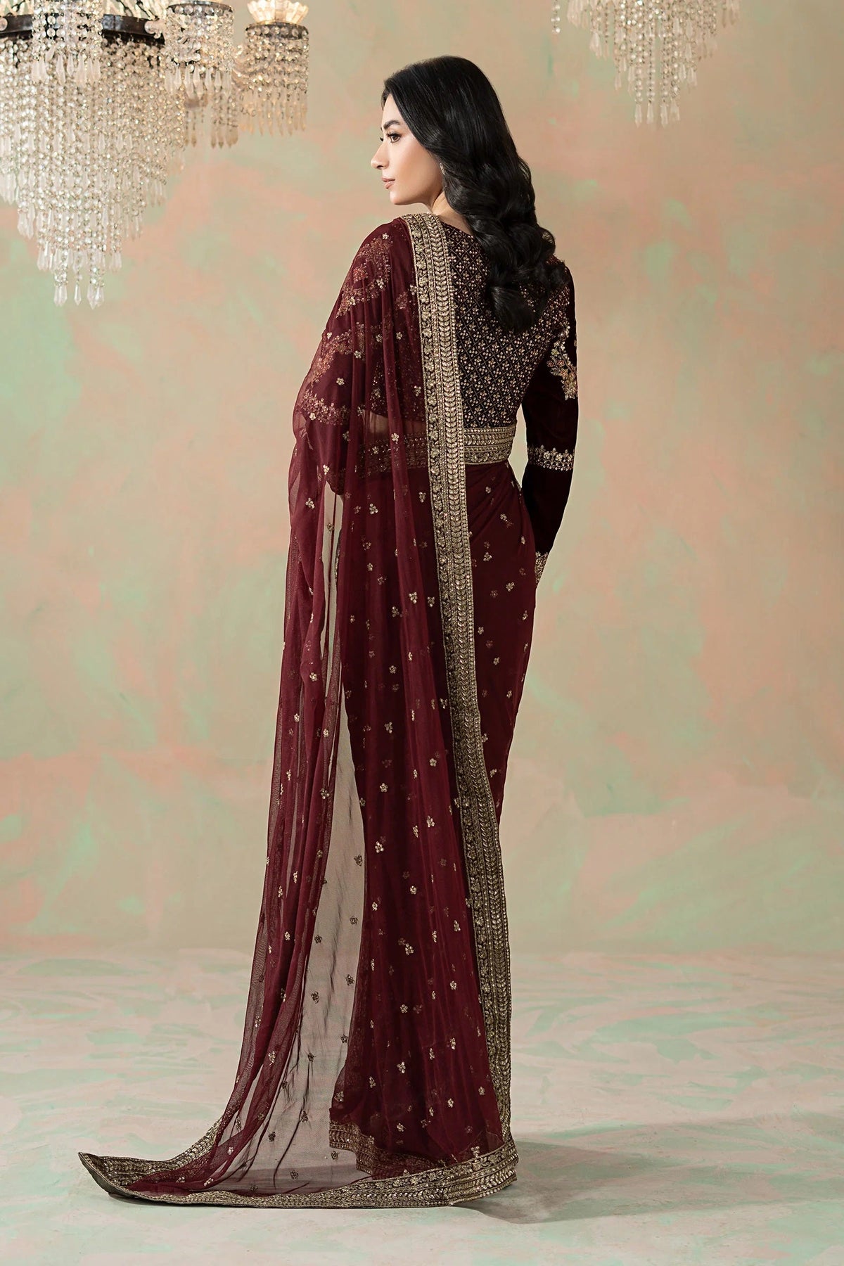 Maria B 11R1 - Maroon Luxury Net Embroidered 3Pc Unstitched Sari