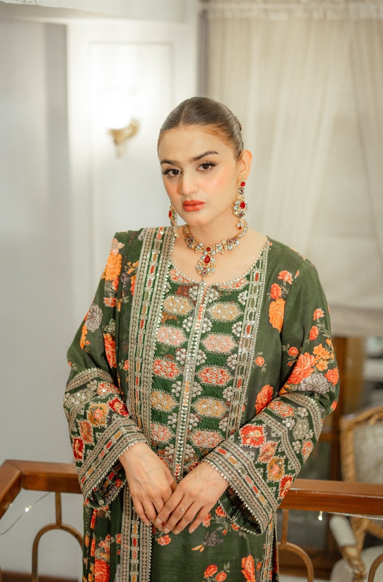 Aneelas Silk Dress Embroidered 3 Piece Unstitched (Green)