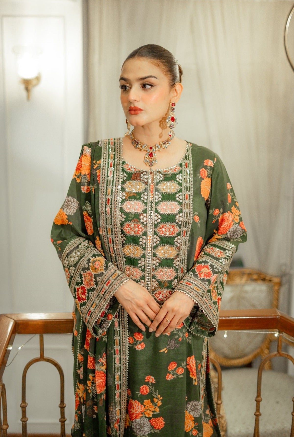 Aneelas Silk Dress Embroidered 3 Piece Unstitched (Green)
