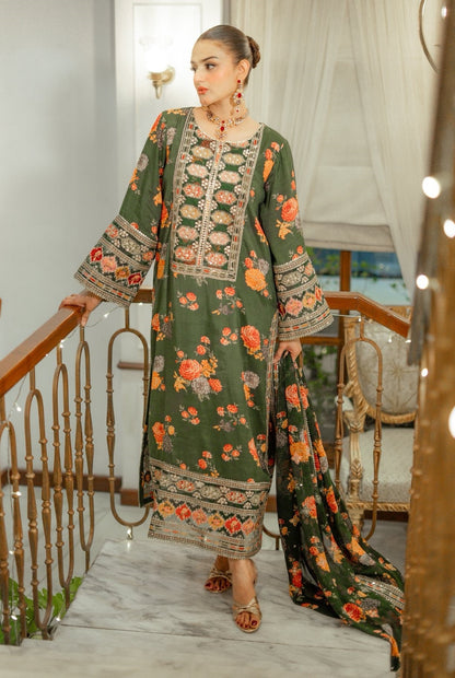 Aneelas Silk Dress Embroidered 3 Piece Unstitched (Green)