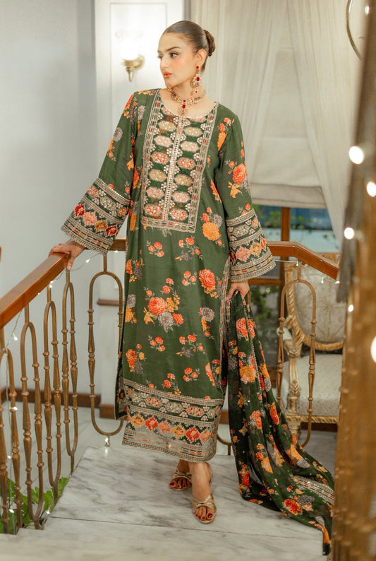 Aneelas Silk Dress Embroidered 3 Piece Unstitched (Green)