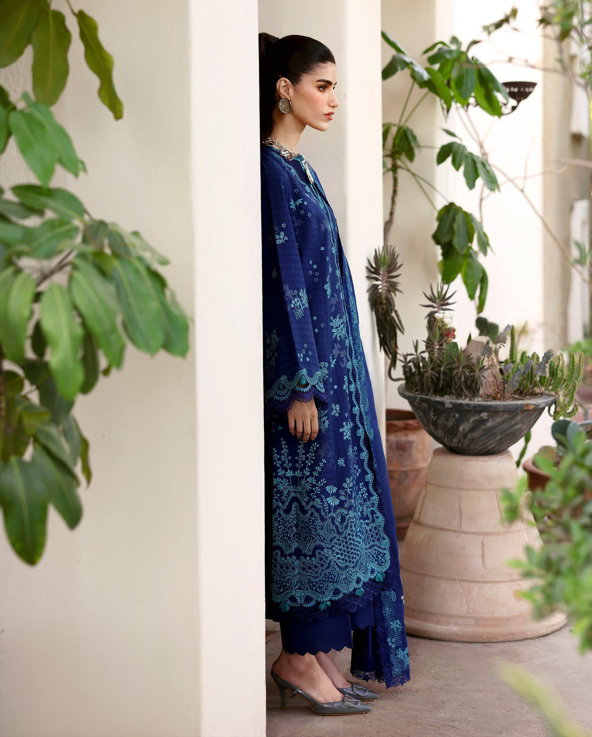 Republic Womenswear Luxury Lawn Embroidered 3 Pc Unstitched Suit NAVY BLUE