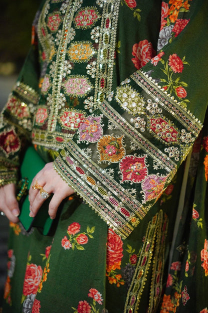 Aneelas Silk Dress Embroidered 3 Piece Unstitched (Green)
