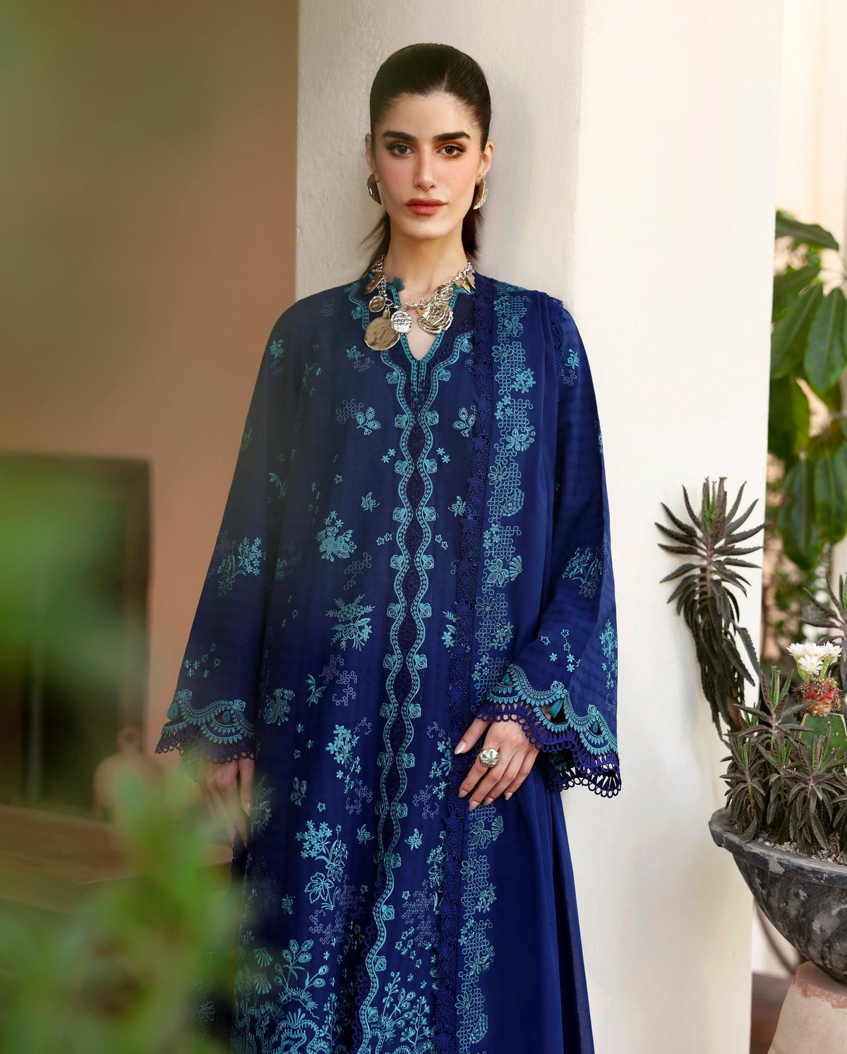 Republic Womenswear Luxury Lawn Embroidered 3 Pc Unstitched Suit NAVY BLUE
