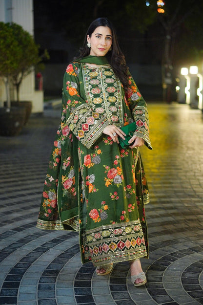 Aneelas Silk Dress Embroidered 3 Piece Unstitched (Green)