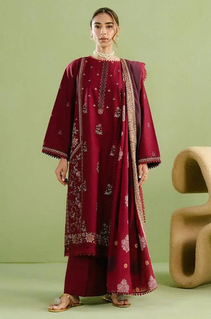 Beechtree - 3PC Lawn Embroidered Shirt with Printed Slub Dupatta (Unstitched)