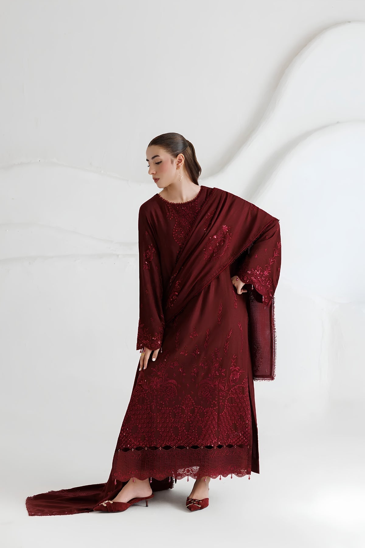 Daria - 3PC Unstitched Dhanak Embroidered Shirt with Dhanak Embroidered Dupatta and Trouser
