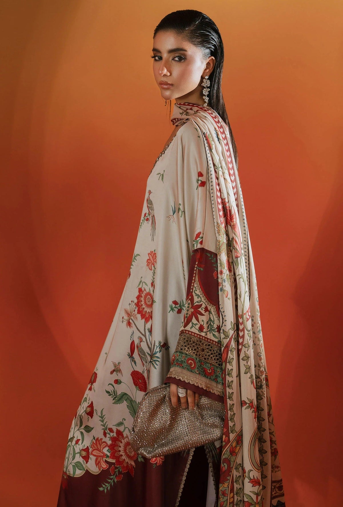 Maria.B 03R1 - Beige and Maroon Luxury Silk Embroidered 3Pc Unstitched Kaftan Suit