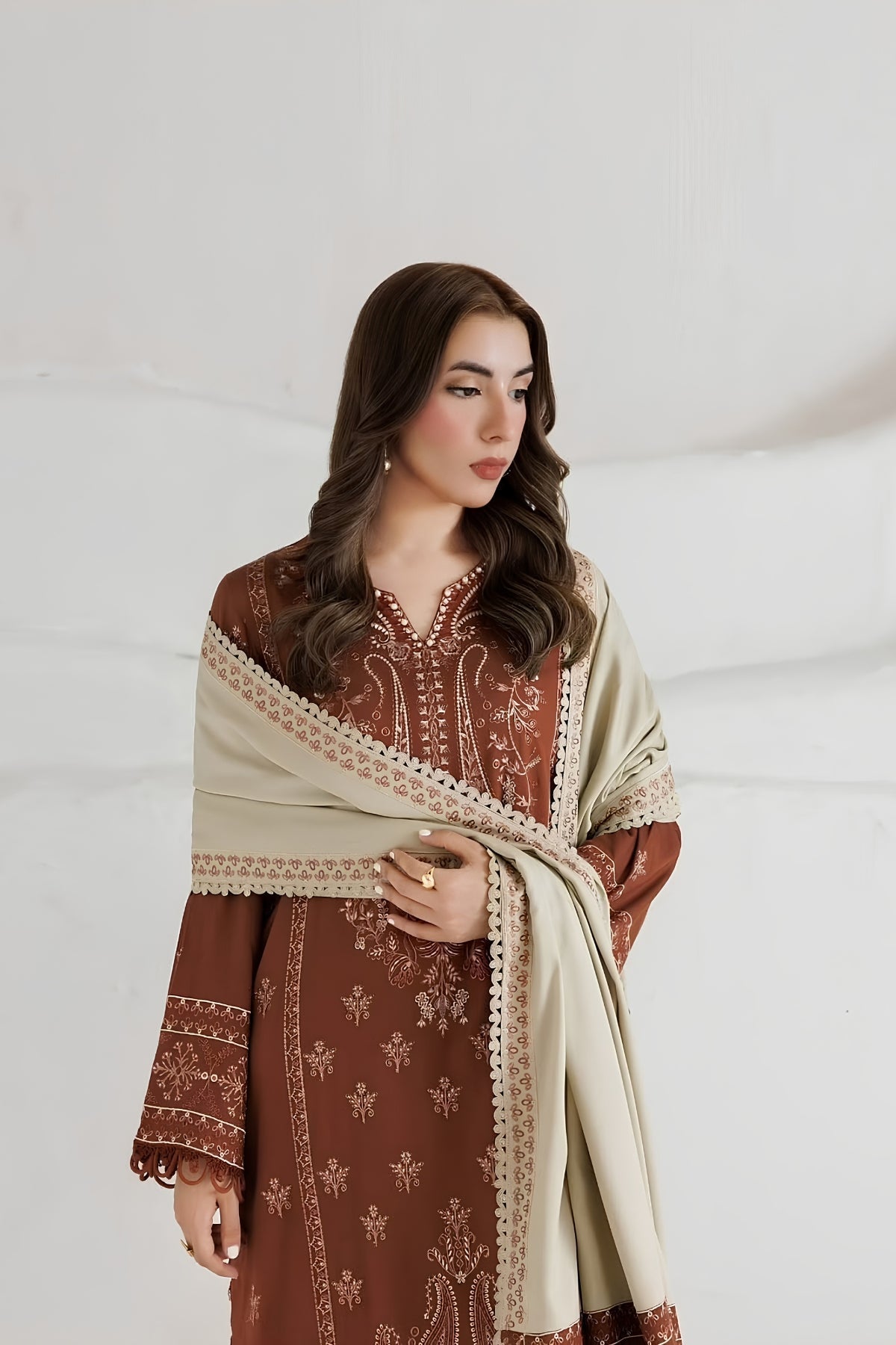 Daria - 3PC Unstitched Dhanak Embroidered Shirt with Digital Printed Dupatta and Trouser