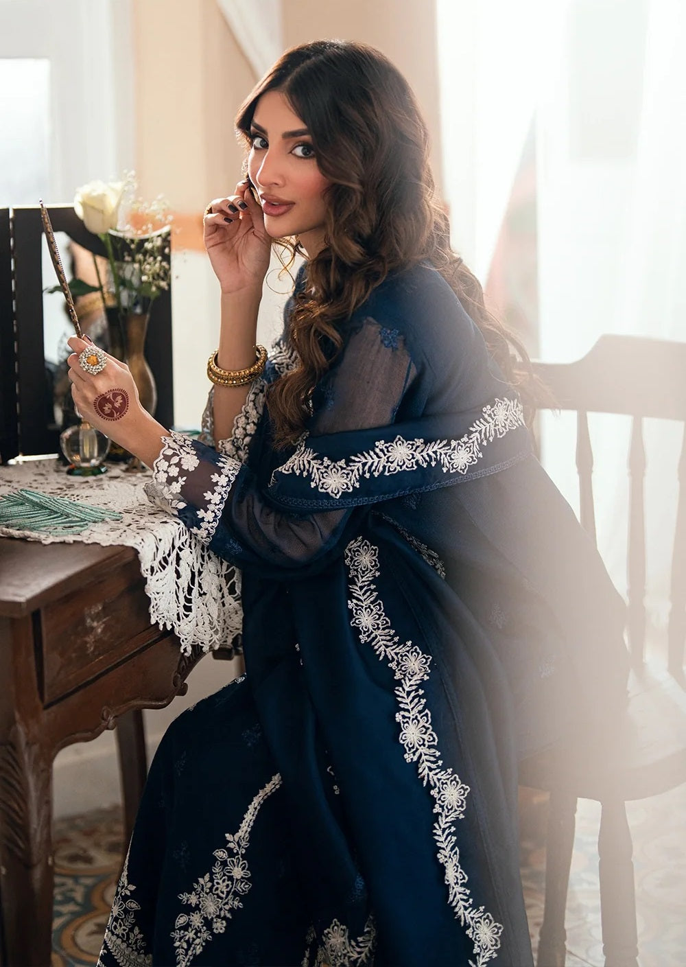 Azure Stellar Blue Luxury Chiffon Embroidered 3Pc Unstitched Suit