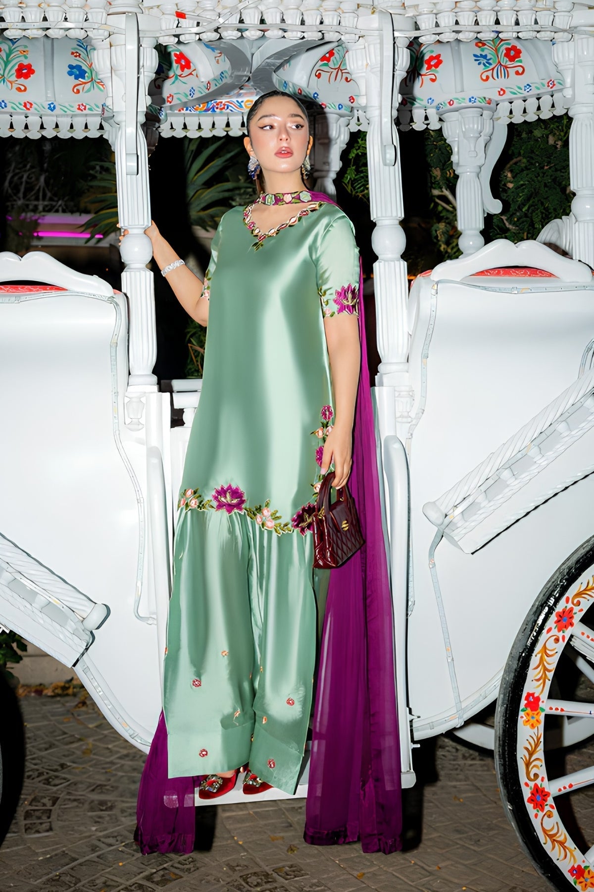 Murk - 3PC Unstitched Silk Embroidered Shirt with Chiffom Dupatta and Trouser