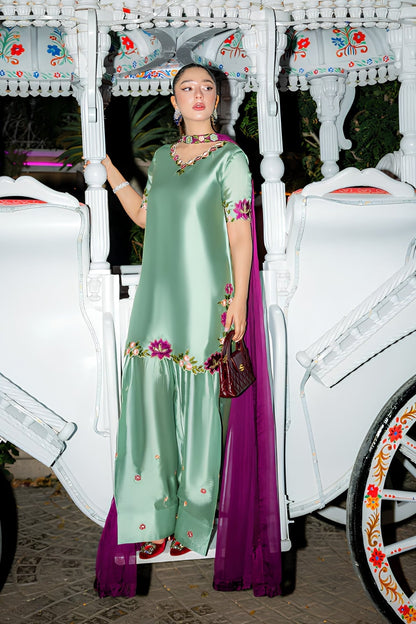 Murk - 3PC Unstitched Silk Embroidered Shirt with Chiffom Dupatta and Trouser