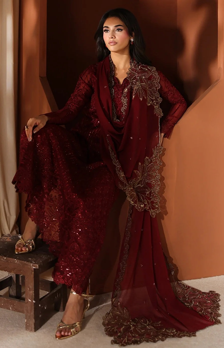 Azure Luxury Chiffon Embroidered 3Pc Unstitched Suit - Cherry Blossom