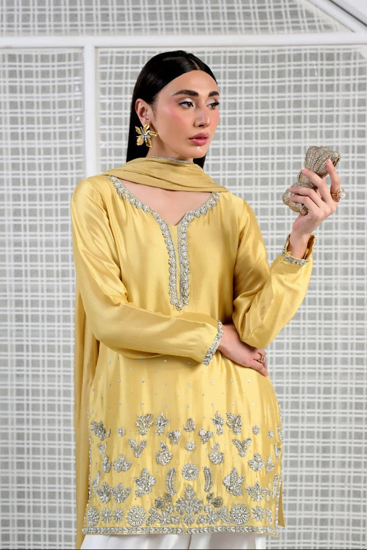 Huma Mistry Luxury Silk Embroidered 3 Pc Unstitched Suit - Butter Radiance