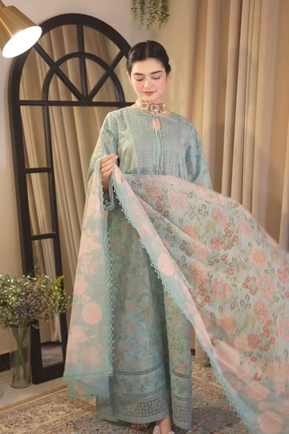 Aneelas - 3PC Unstitched Lawn Embroidered Shirt with Digital Printed Dupatta and Trouser