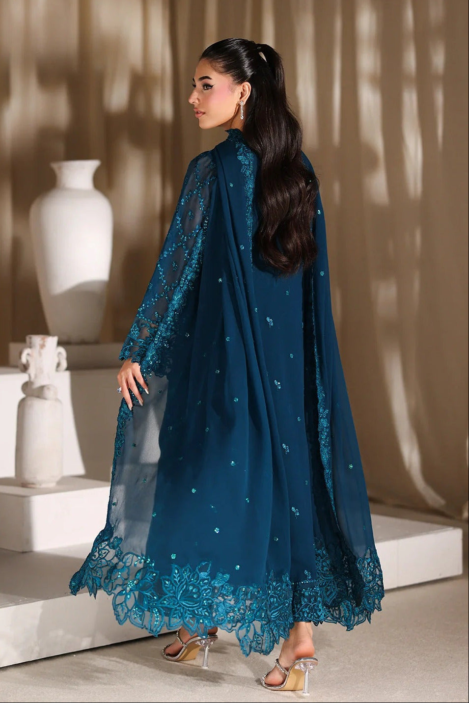 Azure Luxury Chiffon Embroidered 3Pc Unstitched Suit - Majestic Teal